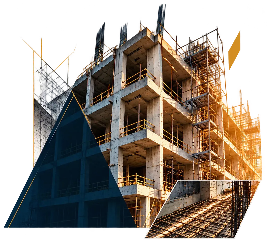 RCC building under construction with scaffolding and reinforcement work