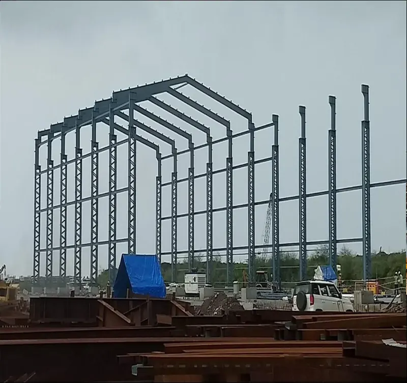 Structural steel frames erected on site